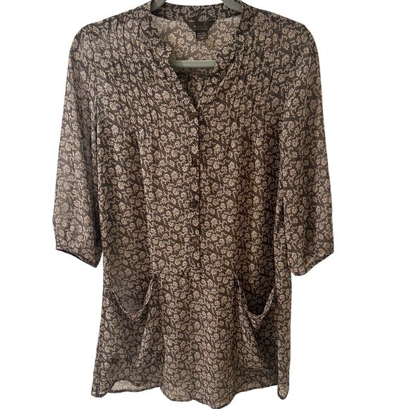 Chiffon Pleated V-Neck Ditsy Floral Tunic Top Dress Lagenlook, Taupe Cream, M - Picture 1 of 10